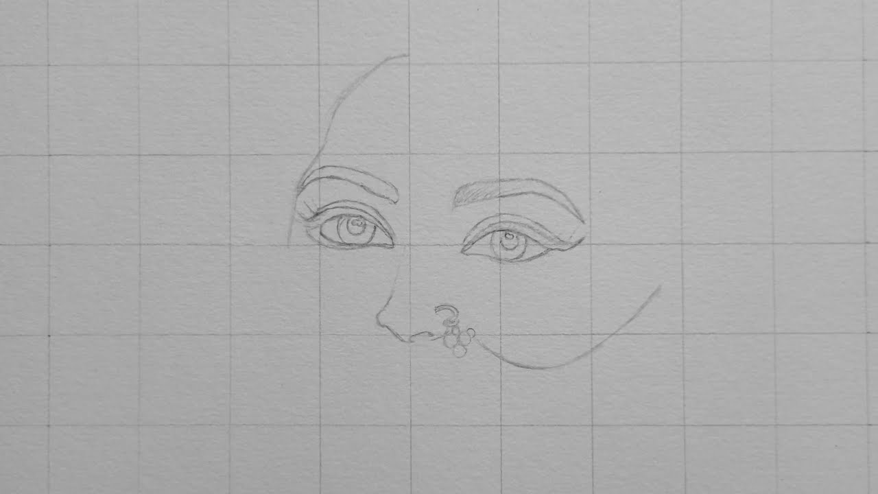 Radha Rani outline drawing using grid method┃Sketching Radha Rani┃Charcoal drawing live
