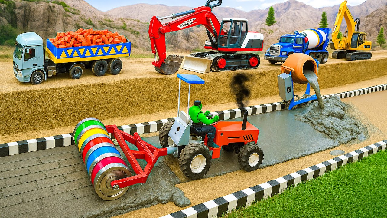 DIY Construction Science Project - Tractor Mini Truck & Road Roller for Making Modern Concrete Road