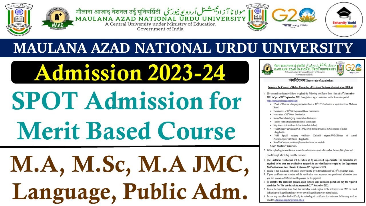 Manuu Spot Admission for Merit Based Programme 2023-24 || M.A, M.A JMC, Persian || @UniversityWorld