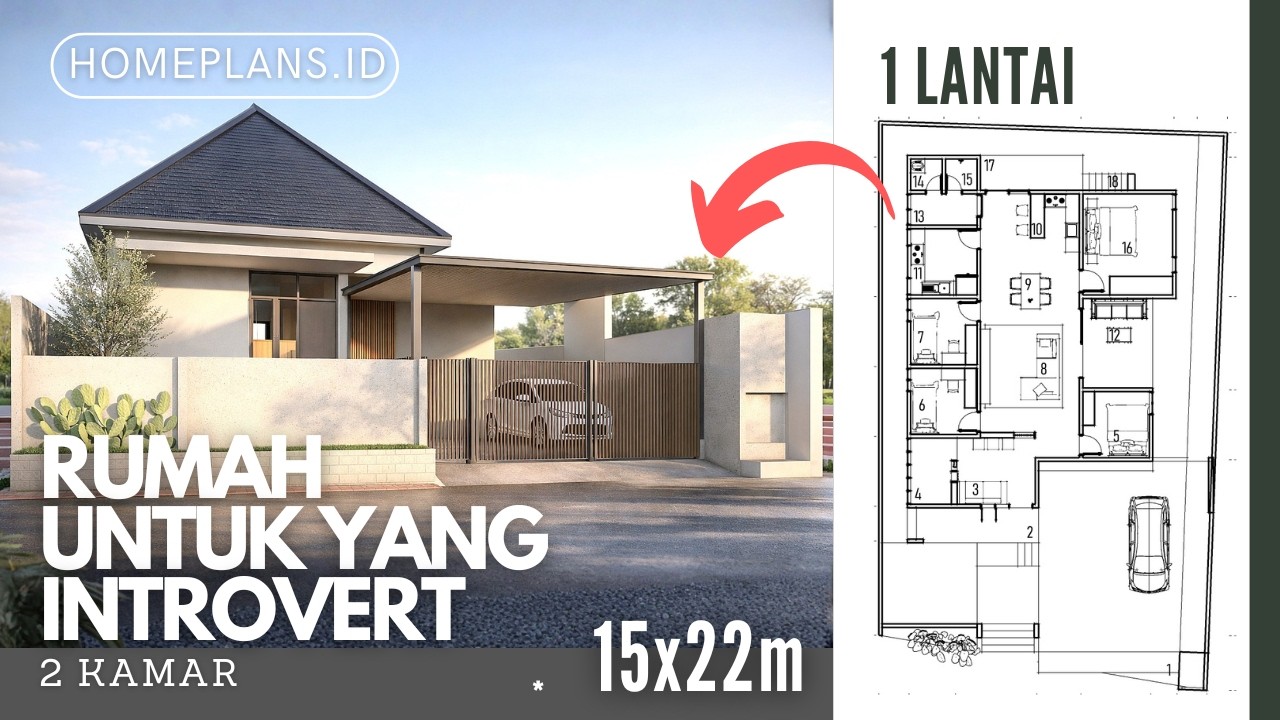 RUMAH INTROVERT: Tenang, Tertutup, Musholla di Ruang Tamu - lahan 15x22m [kode 314]