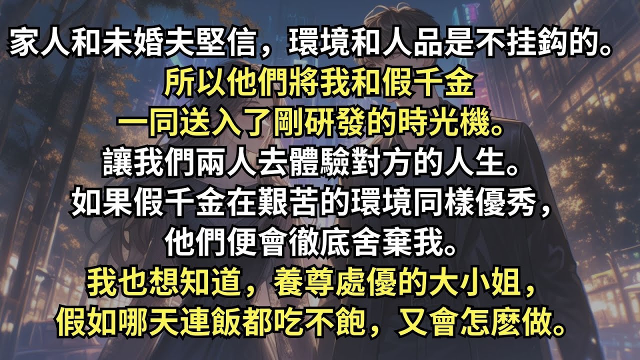父母哥哥和未婚夫都堅信，環境和人品是不挂鈎的。所以他們讓我和假千金去體驗對方的人生。如果假千金在艱苦的環境同樣優秀，他們便會徹底舍棄我。我也想知道，養尊處優的大小姐，假如哪天連飯都吃不飽，又會怎麽做