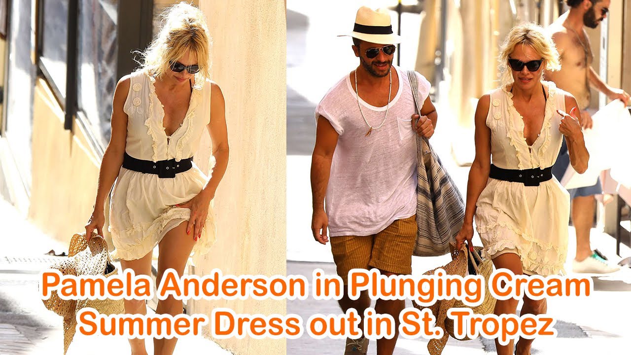 Pamela Anderson in Plunging Cream Summer Dress out in St. Tropez