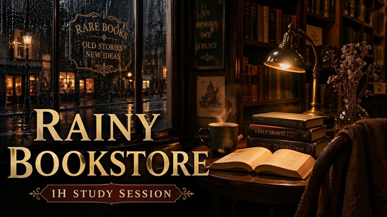 1 Hour in a Rainy Bookstore | Dark Academia Study Session 📚🌧️ (No Interruptions)