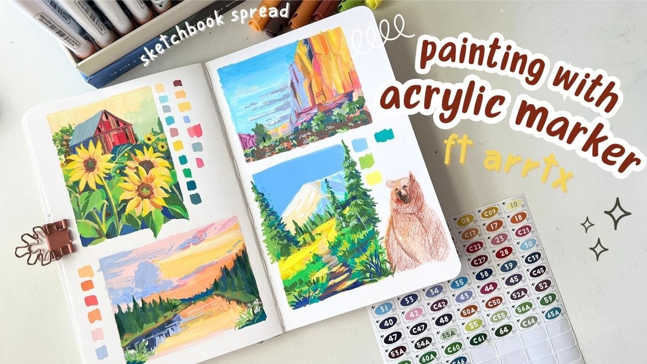 Mini Landscape Ideas on sketchbook- Trying Arrtx 90 Colors Acrylic Marker- Relaxing Demo 🌿