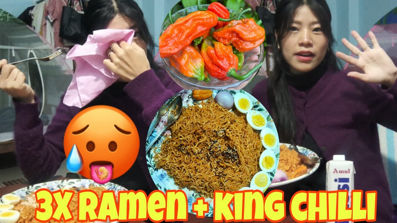 3X ramen 🍜 + King chilli 🥵🔥//Spicy eating challenge🔥🥵//don't try this at home 😭💔//Mukbang