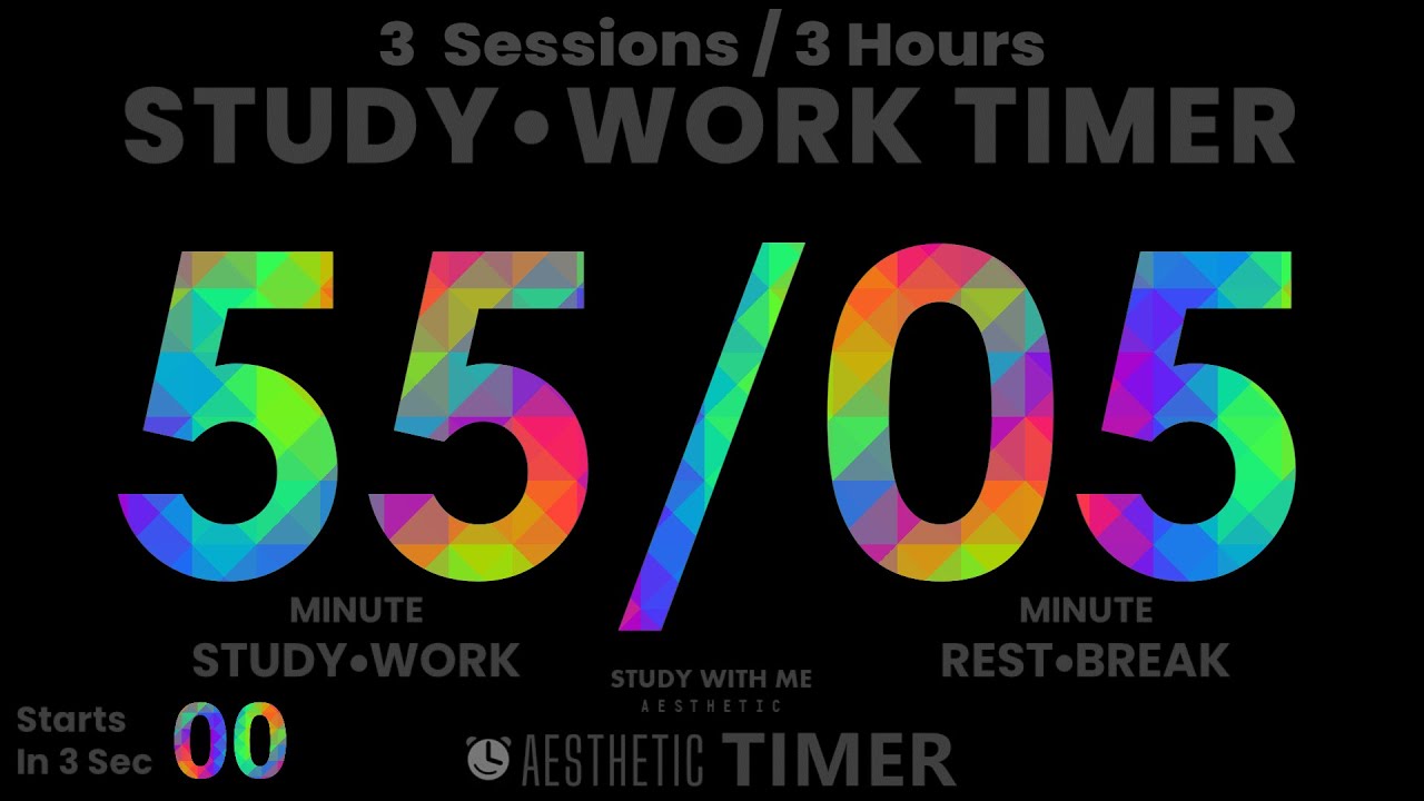55 / 5 POMODORO TIMER, No Music, 3 Hour Study, Gentle Alarm, Focus Study