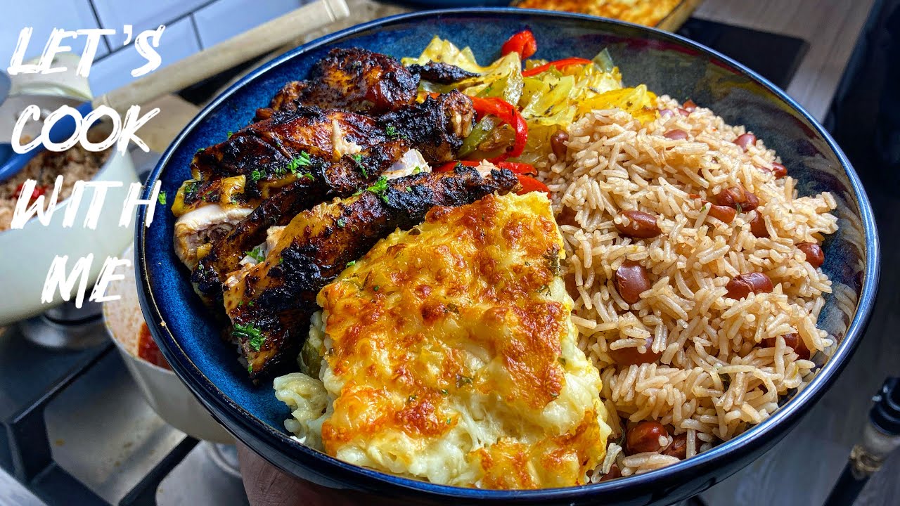 Let’s Cook With Me | Oven Jerk Chicken with gravy, Mac and cheese, steamed veg and rice & peas