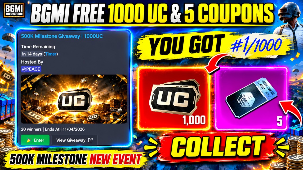 😍BGMI FREE 1000 UC & 5 CLASSIC CRATES | 500K MILESTONE NEW EVENT | HOW TO PARTICIPATE IN 20000 UC...