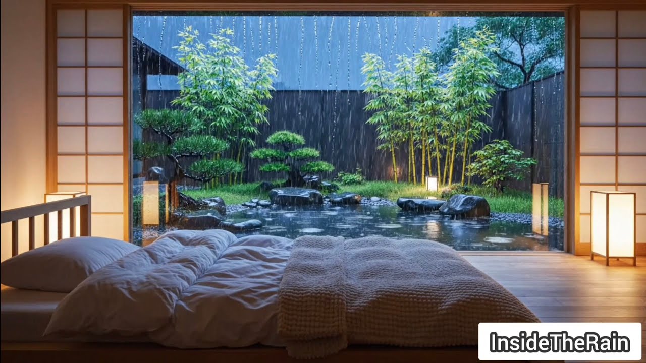 Rain on Window in Cozy Bedroom | Peaceful Zen Garden Night Sounds