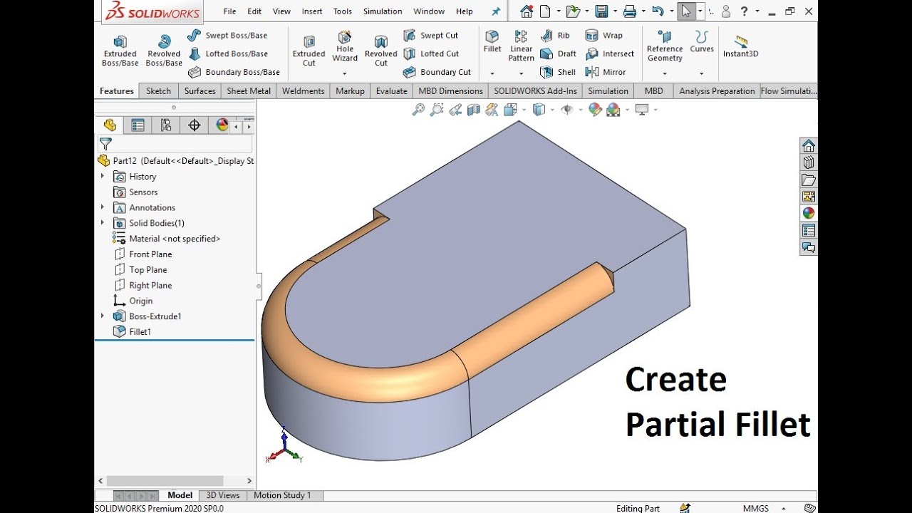 Solidworks tips & tutorials | Creating partial fillet in solidworks