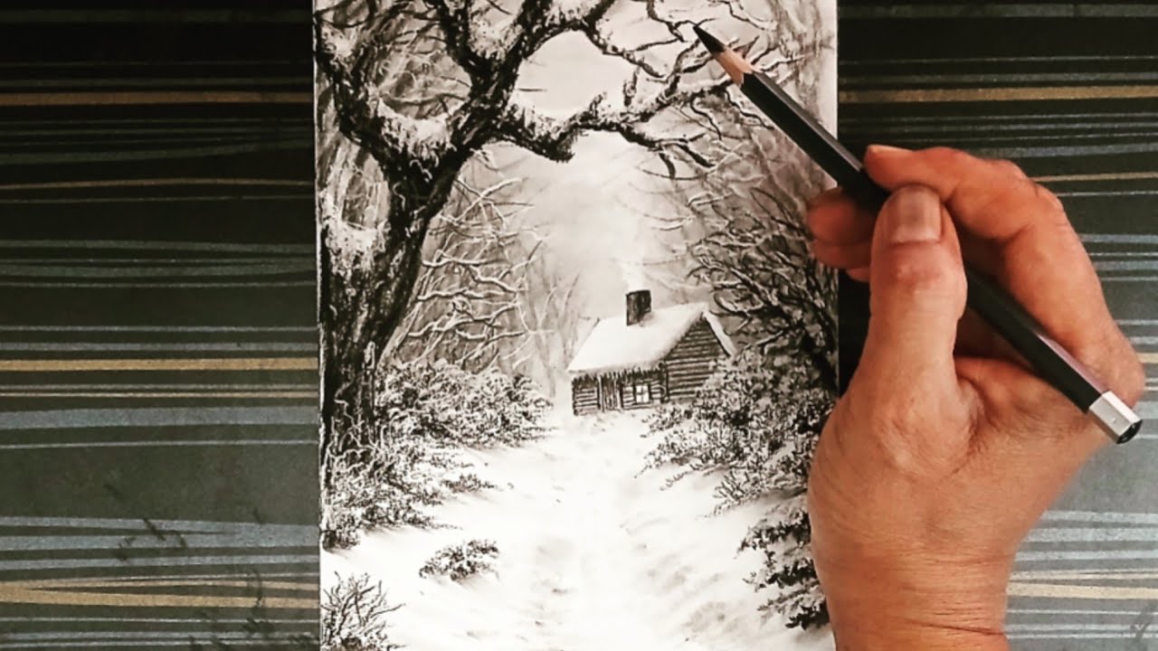 Winter season snowy nature view landscape scenery drawing by pencil with easy ways.