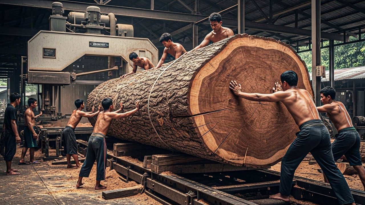 Massive Hardwood Log Cutting Process: Vertical Bandsaw Sawmill Technology & Skilled Teamwork