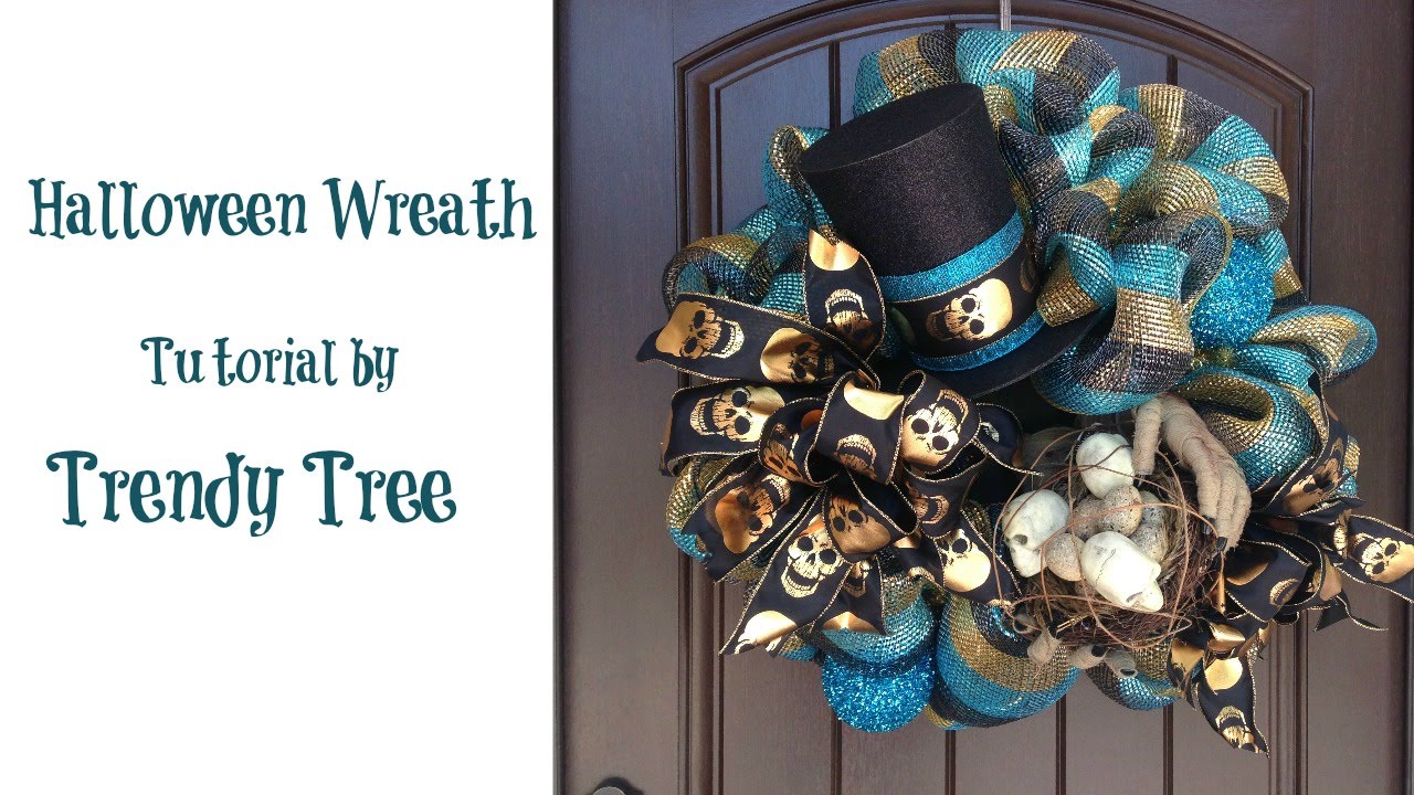 Halloween Wreath with Top Hat, Mummy Hands and Bird Nest