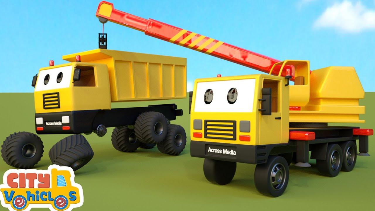 Construction vehicles rescue trapped tractor- -crane truck, bulldozer and firetruck for kids