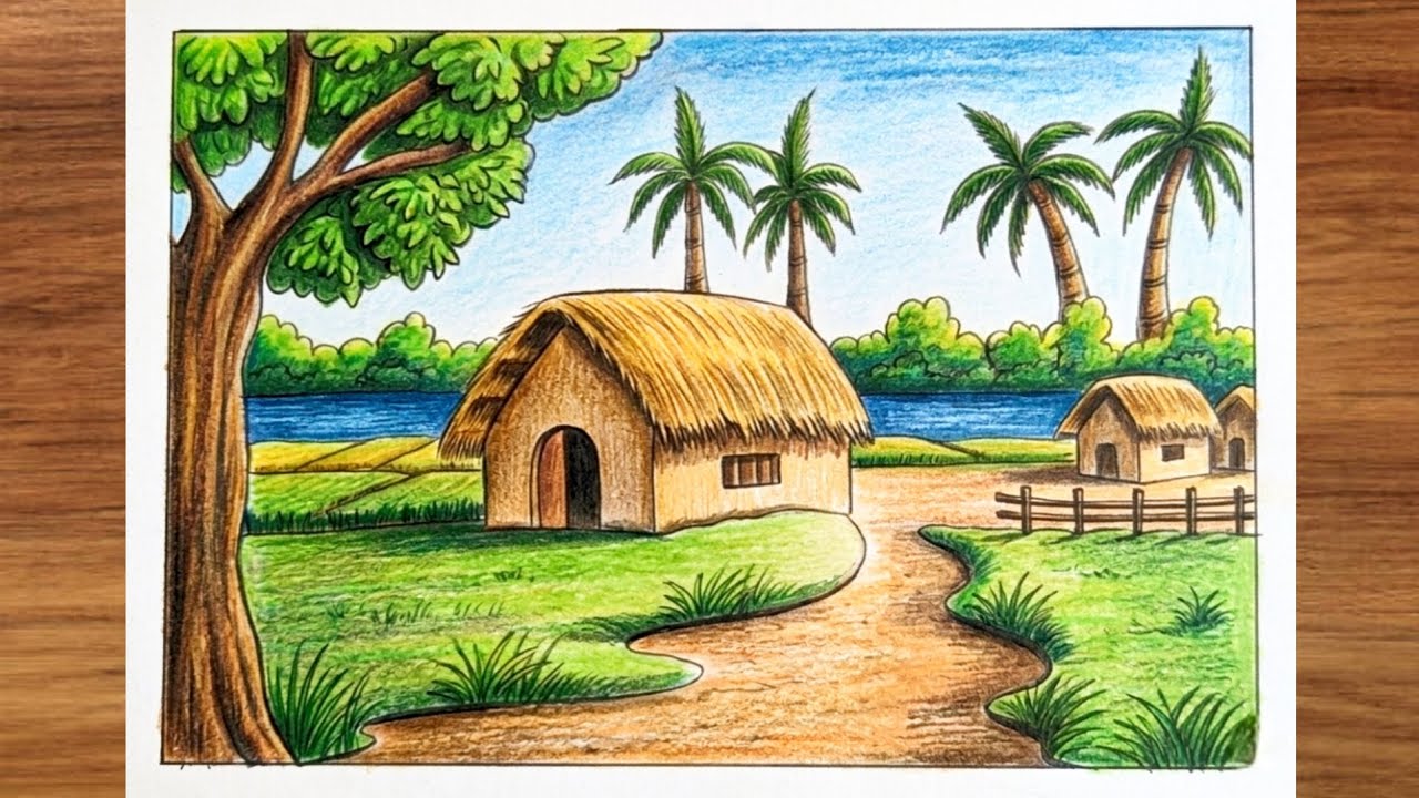 How to Draw Village Scenery | Simple and Beautiful Village Scenery Drawing | Easy Drawing by Shah's