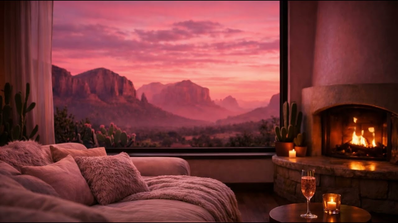 Rosewood Glow Living Room | Cozy Fireplace Ambience | Focus & Relax (8 Hours)