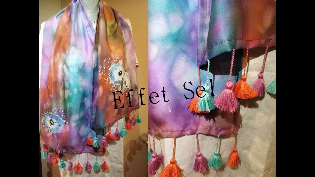 صباغة و تزويق شال من الحرير بالفاشيون سبراي والملح الخشن effet gros sel sur soie