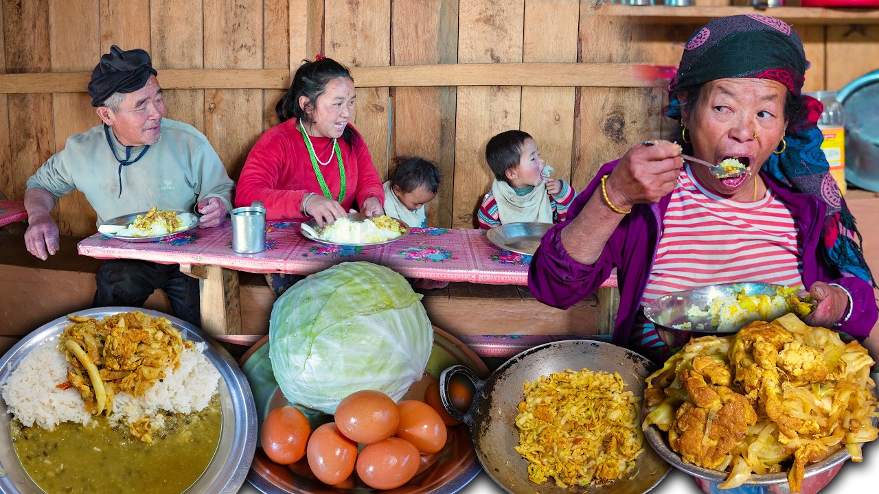 Cabbage BANDA GOBI & Egg mix recipe with rice cooking & eating in Nepali Village kitchen #foodvlog