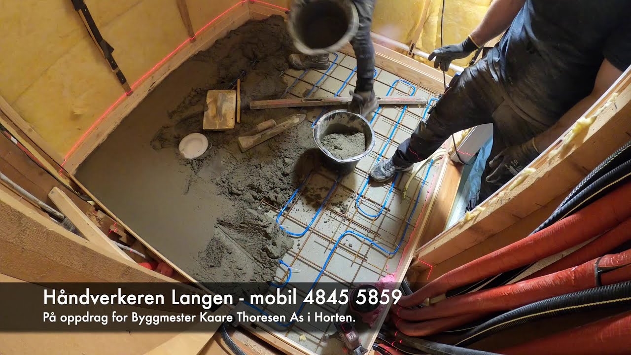 Støper badegulv, hurtigherdende betong. våtrom med gulvbelegg. Gulv med fall våtromsnormen. Langen