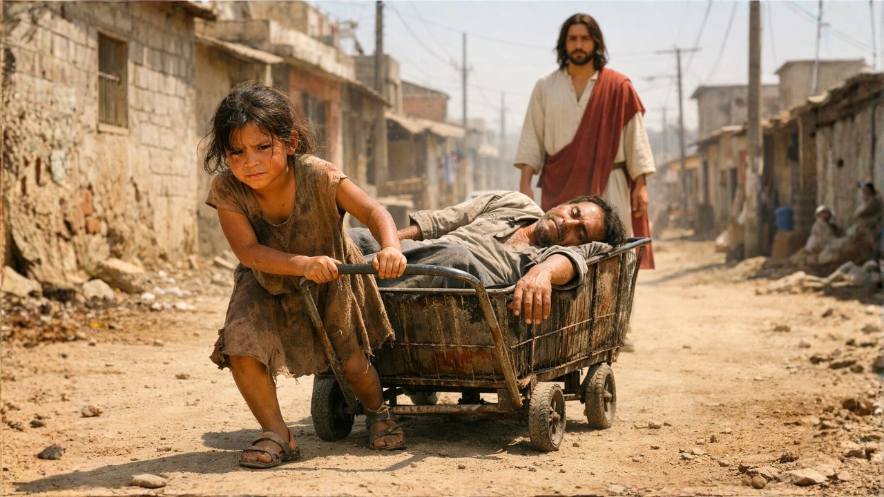 LA NIÑA POBRE ARRASTRÓ AL HOMBRE HERIDO EN SU CARRITO BAJO EL SOL... ÉL CAMINABA DETRÁS, ERA JESÚS