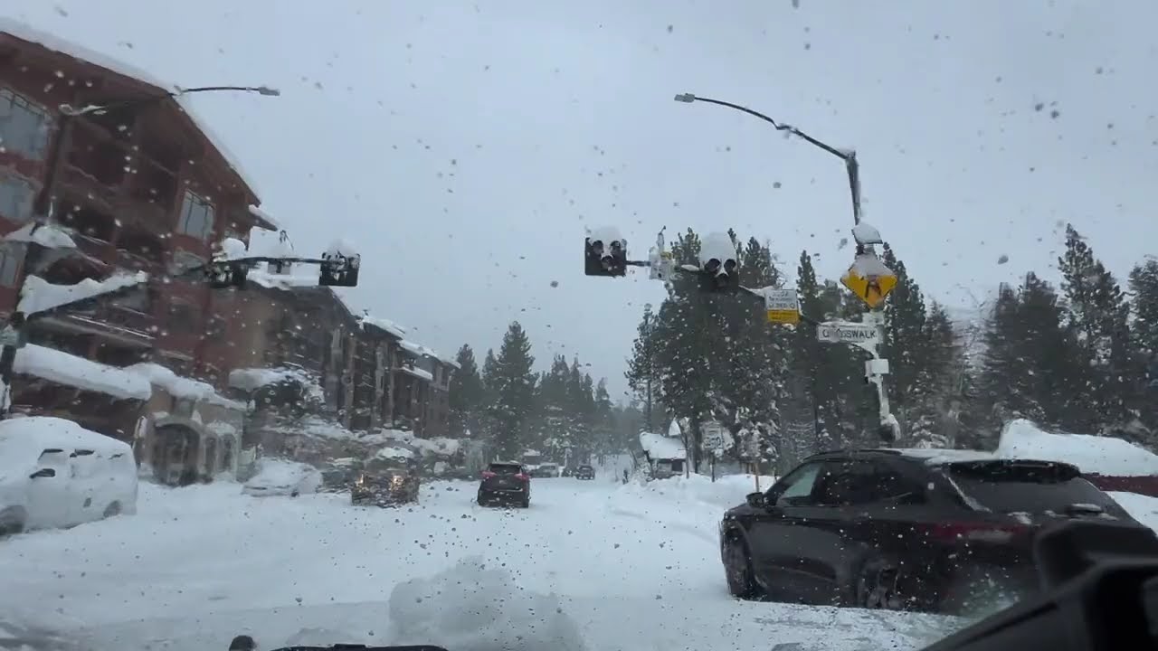 Driving through Mammoth in California on a snowy day