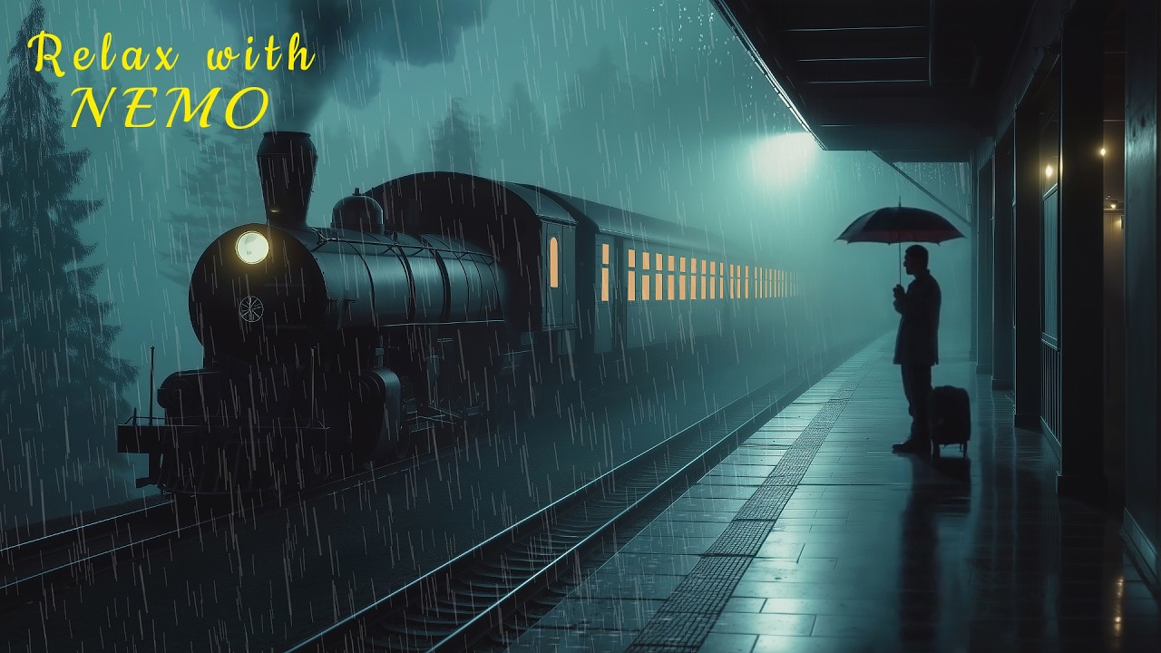 Alone at the Train Station on a Rainy Night ☔ ASMR Ambience 🚂 Steam Train Engine & Rain Sounds Sleep