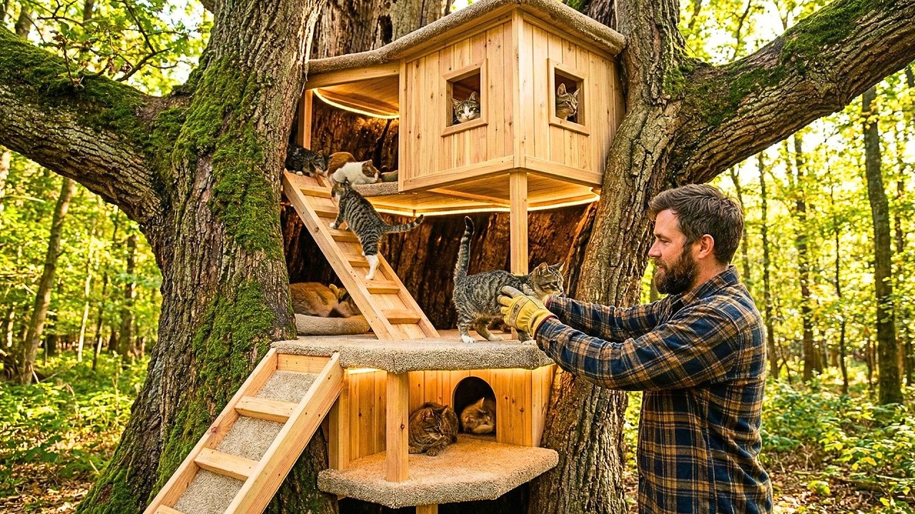 Rescuing the forest cats! Guy built a multi-level modern cat tower hidden in a giant oak tree (ASMR)