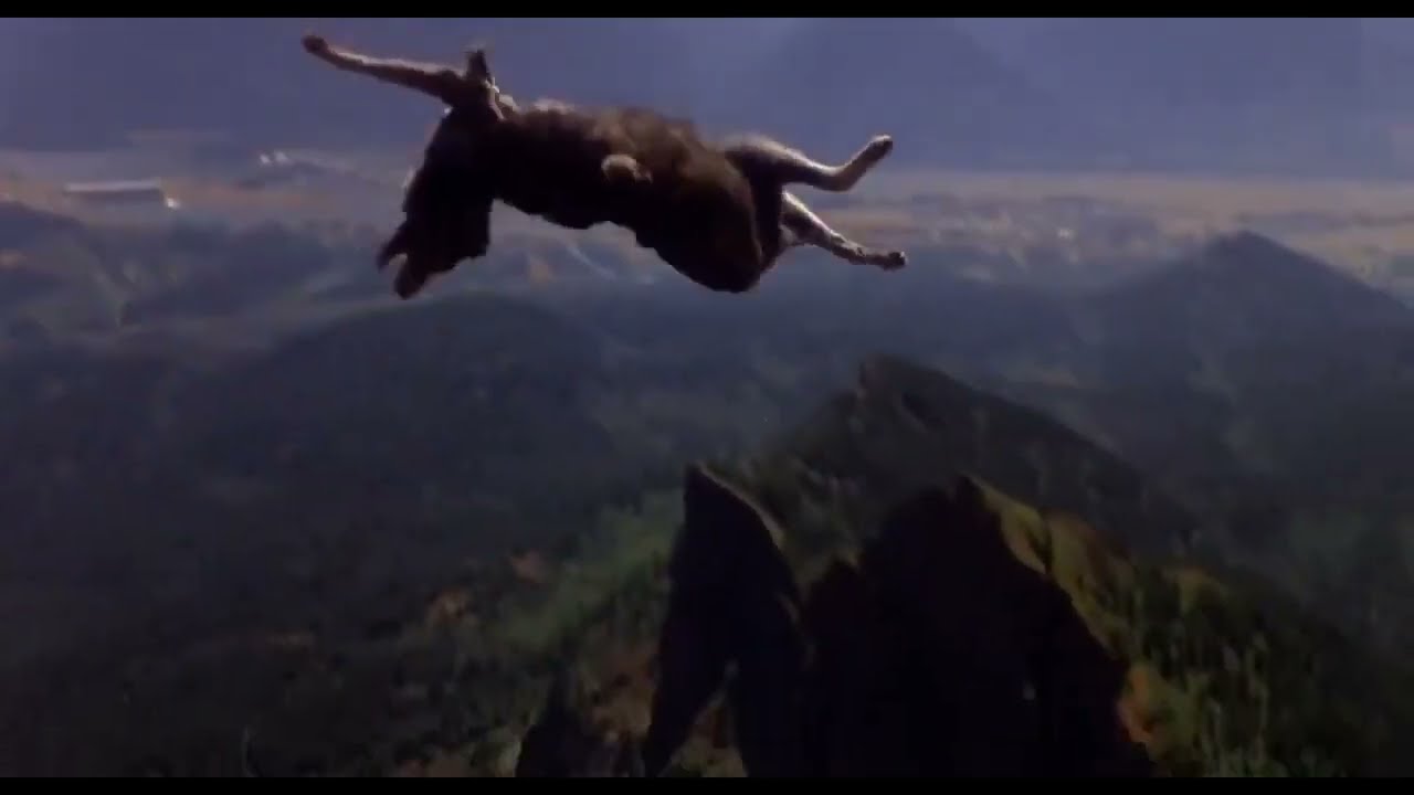 Benji the Hunted (1987) - Funny wolf falling dummy scene -