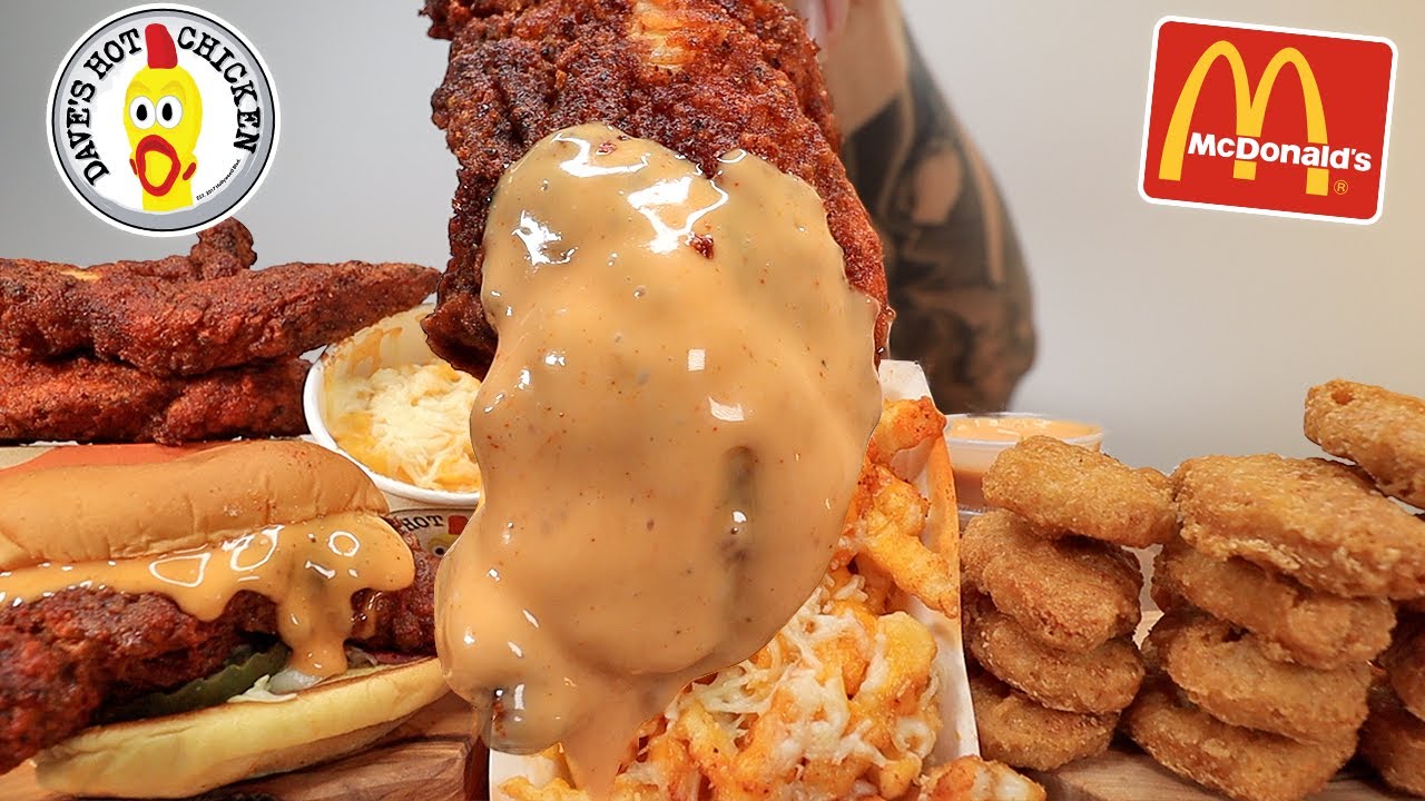 MUKBANG EATING DAVE'S HOT CHICKEN FRIED CHICKEN TENDERS, FRIED CHICKEN SANDWICH, MCDONALDS NUGGETS