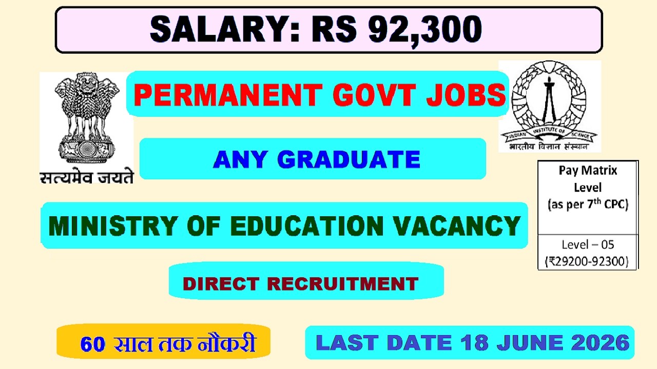 Salary ₹92,300 | Permanent Govt Job | Any Graduate Apply | Ministry of Education Recruitment 2026