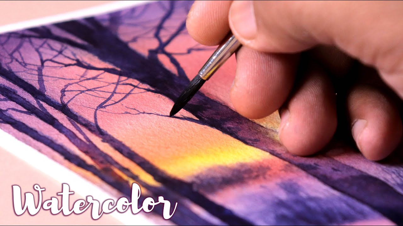 Simple Watercolor painting of Winter Season landscape easy