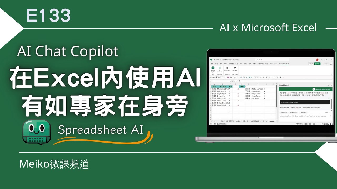 Excel教學 E133 | 在Excel內使用AI有如高手在身旁 | Spreadsheet ai | AI Chat Copilot
