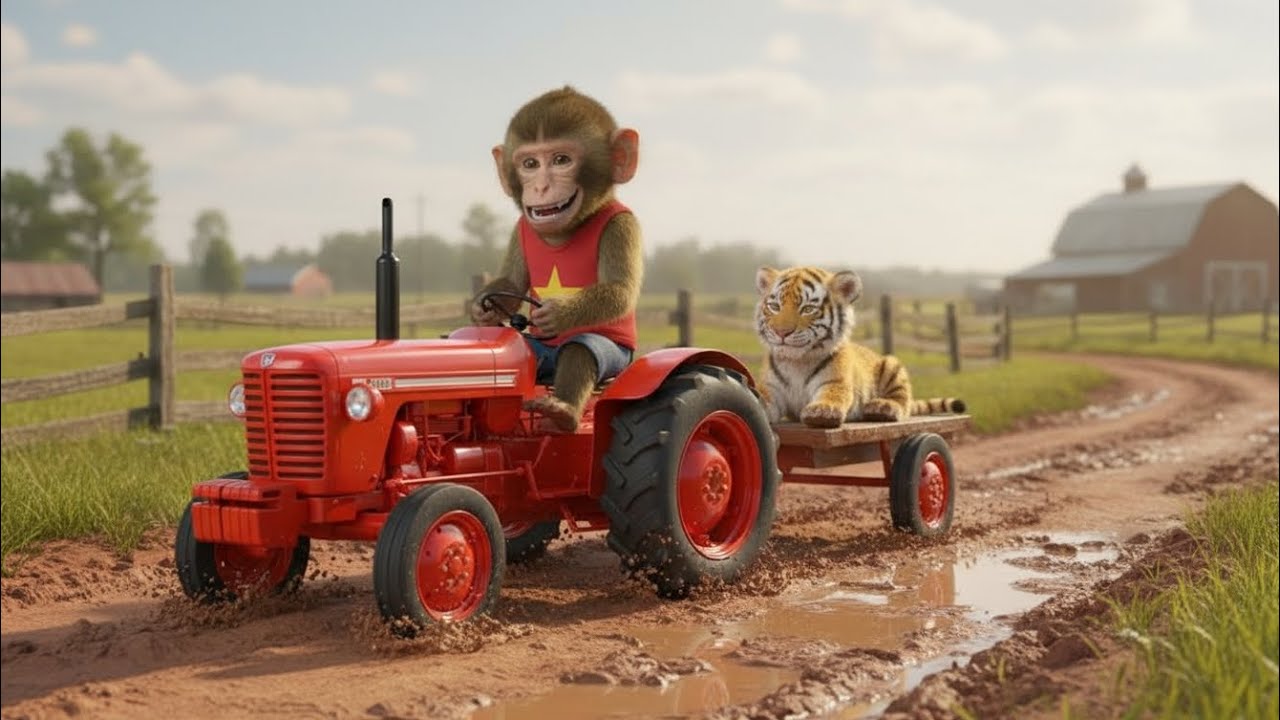 Monkey Macaca Drives Tractor to Rescue a Baby Tiger Trapped in the Muddy Field