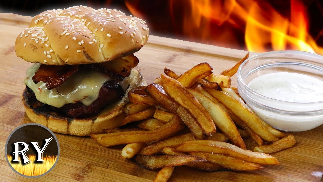 Caramelized Onion Burger With Homemade Fries And Ranch Dressing