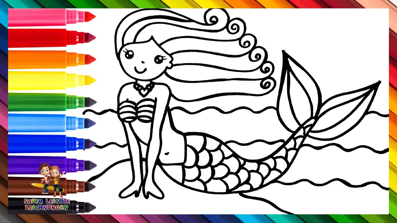 Zeichnen und Ausmalen einer niedlichen Meerjungfrau 🧜‍♀️🌊🐚🌈 Zeichnungen für Kinder