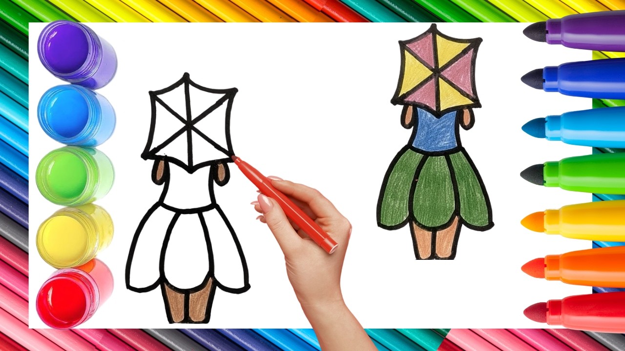 How To Draw cute Girl With Umbrella Drawing, Painting & Coloring For Kids and Toddlers_ Child Art🐋🌈🎨