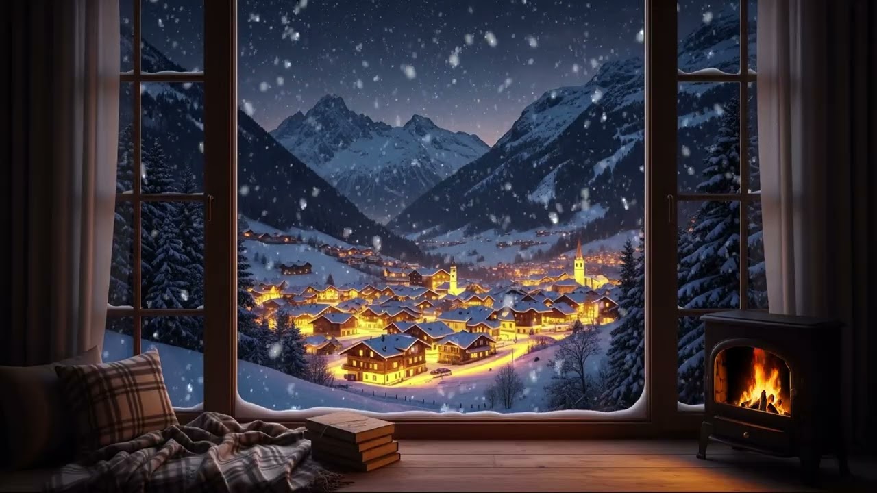 Cozy Cabin Fireplace by Snowy Window ❄️ Alpine Village Night Ambience | Deep Focus Music