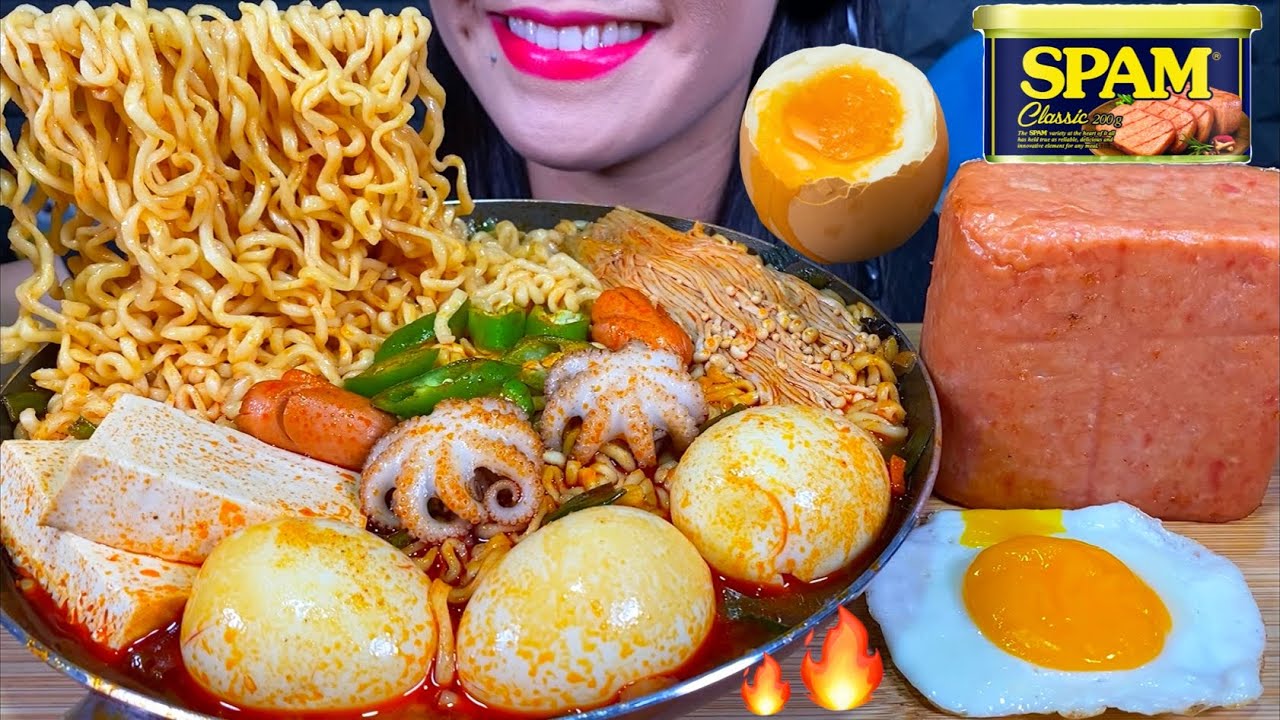 ASMR SOUPY SPICY NOODLES, TOFU, SOFT BOILED EGG, OCTOPUS, SAUSAGE, ENOKI, SPAM MASSIVE Eating Sounds