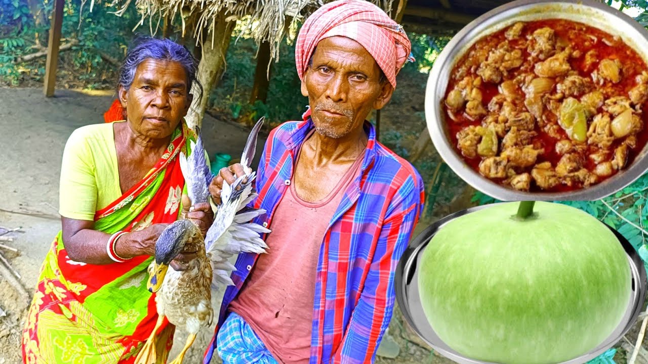 DUCK MEAT CURRY with bottle gourd cooking & eating by rural tribe family || how to cook duck meat