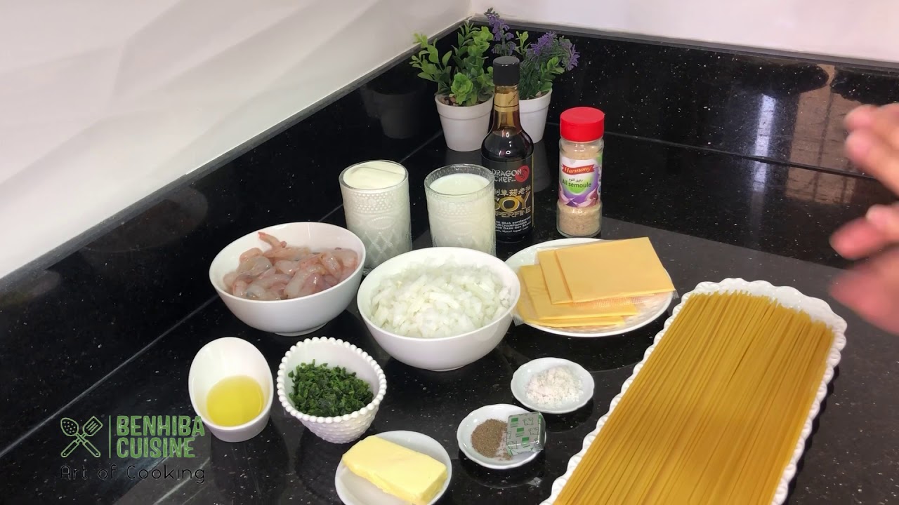 سباگيتي بالصلصة البيضاء و الكروفيت 🍤 Spaghetti à la sauce blanche et crevette 🍤❤️