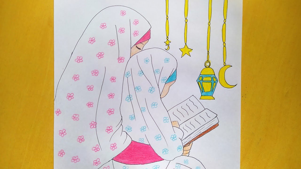 رسم بنت تقرأ القرآن مع امها بطريقة سهلة جدا وبالخطوات 😍