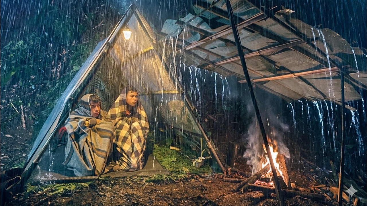 BERKEMAH SAAT HUJAN DERAS⛈️‼️BERMALAM DI HUTAN MEMBANGUN SHELTER DARURAT DENGAN PLASTIK