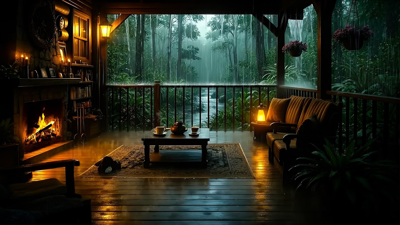 Natural Rain and Thunderstorm Sounds on a Cozy Cabin Porch– Deep Sleep Ambience All Night