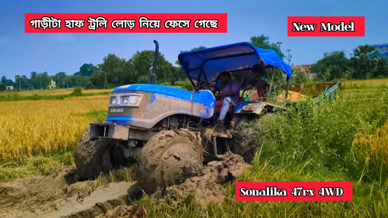 Sonalika rx47 4WD tractor trolley stuck in mud🚜গাড়ীটা ধান নিয়ে উটতে পারছে না🤣