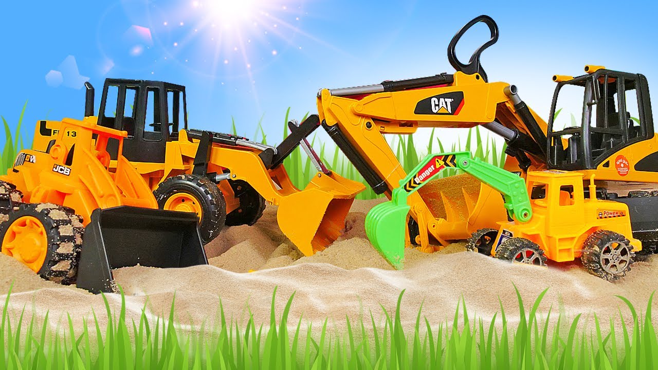 Giochi con la sabbia e le macchinine per bambini. Video per bambini con i bulldozer giocattolo