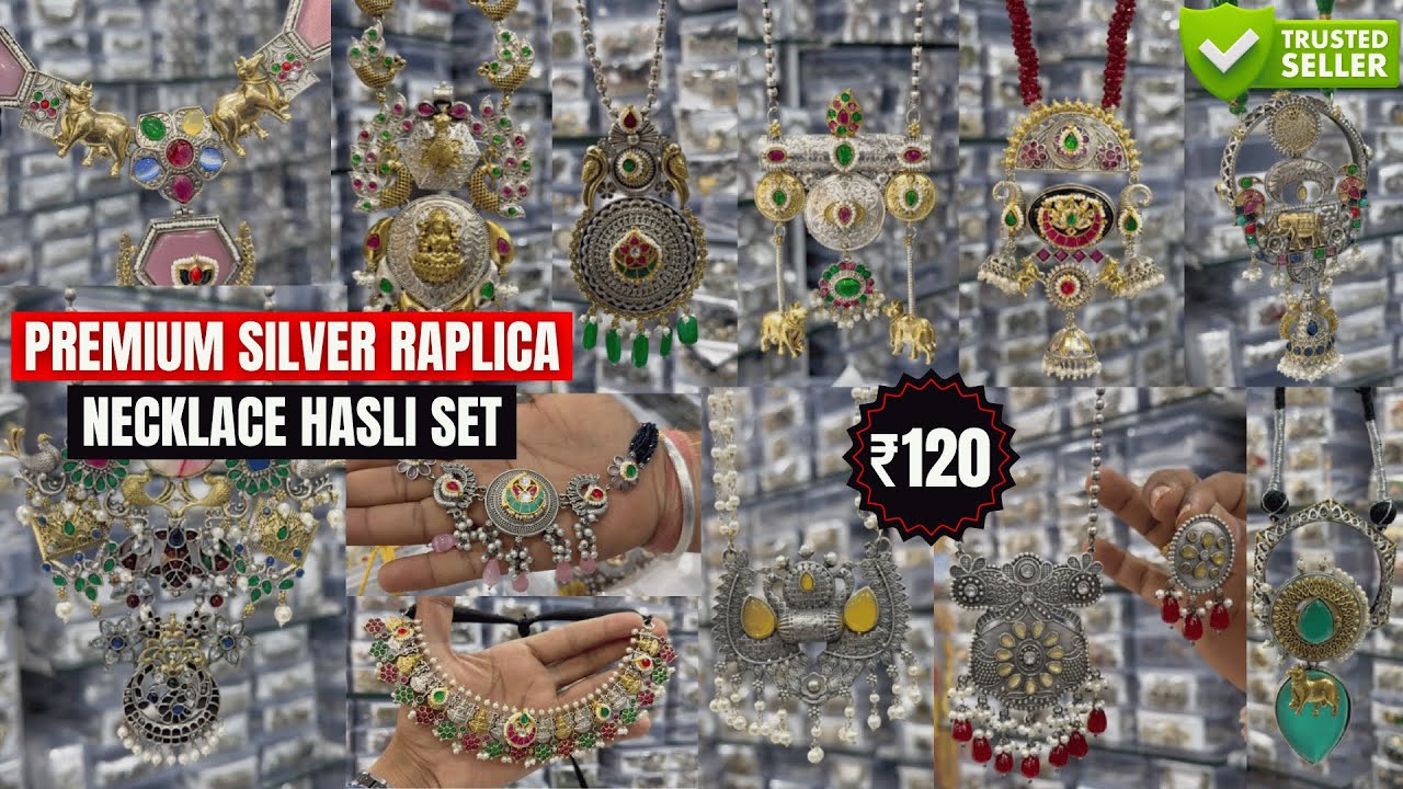 Silver Replica Necklace With Ahmedabadi Pachi Kundan | Premium Silver Replica Necklace Set