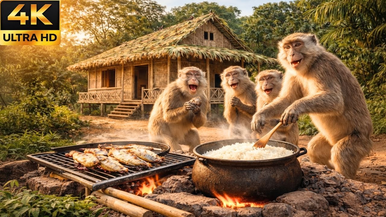बंदर बाँस का घर बनाते हैं ❤️ | Monkyes build bamboo house, cook rice, meat, fish