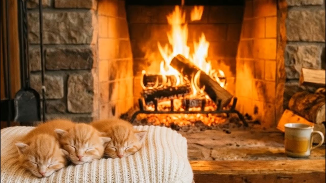 Sleeping Kittens & Warm Fireplace | 9 Hours of Cozy Night Sounds[Relax &middot; Sleep &middot; Calm]