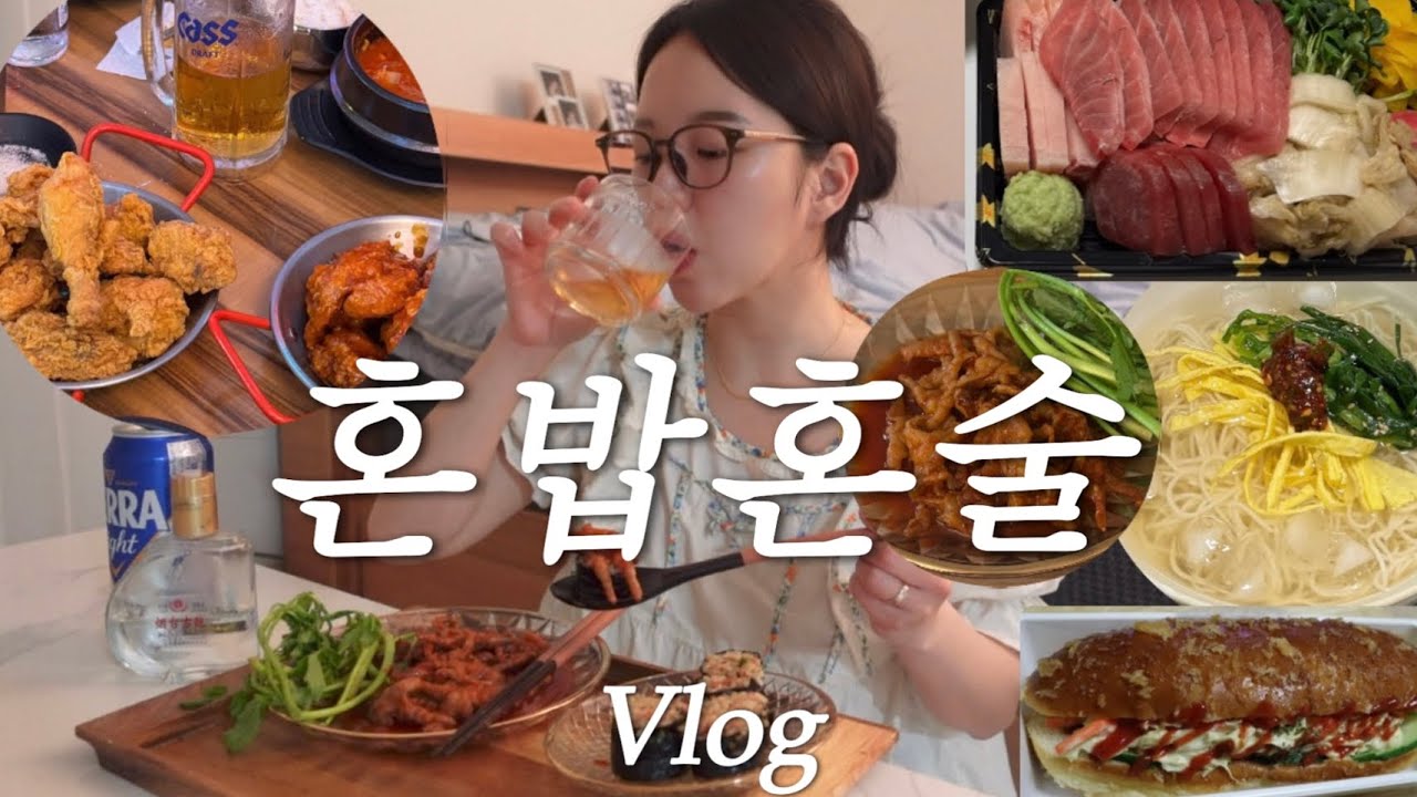 [vlog] 돼식가 야식의 늪🍷혼술 먹방브이로그(닭발+스팸김밥/최애 안주 참치회🐟/올 여름 냉국수/김치찌개/양념 반 후라이드 반/치킨 치맥)