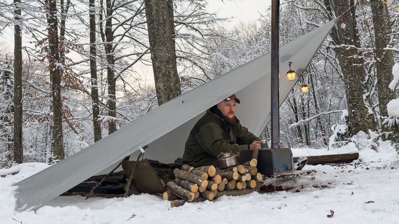 Tarp Shelter with Wood Stove Overnight at -8°C | Solo Winter Camping